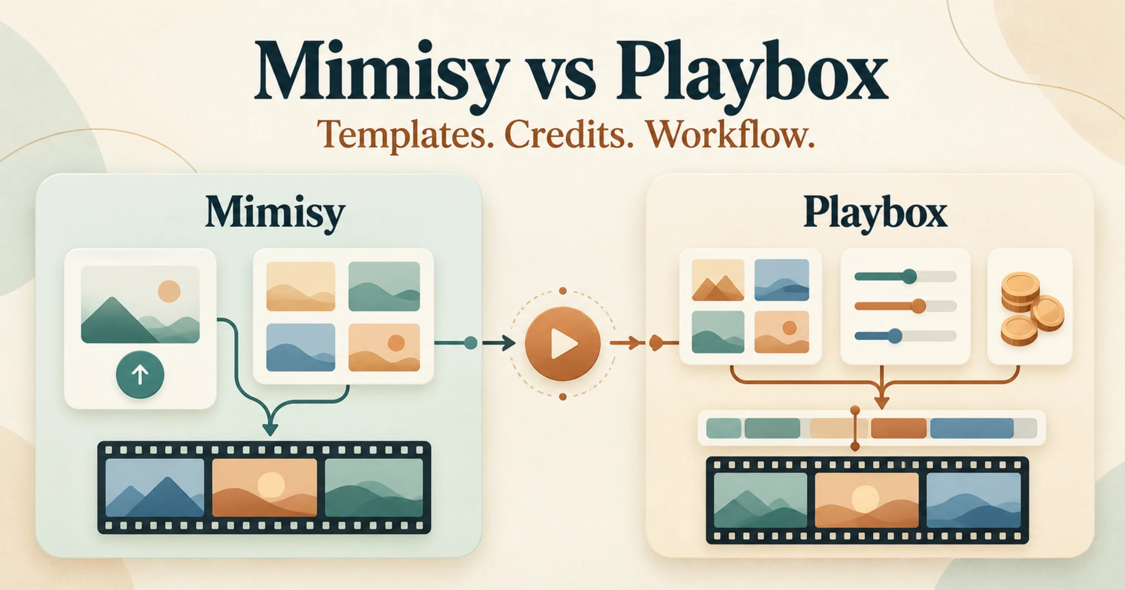 Editorial comparison cover for Mimisy and Playbox, with two balanced abstract video-tool cards showing upload, template, settings, credit, timeline, and filmstrip motifs in ivory, teal, and copper.