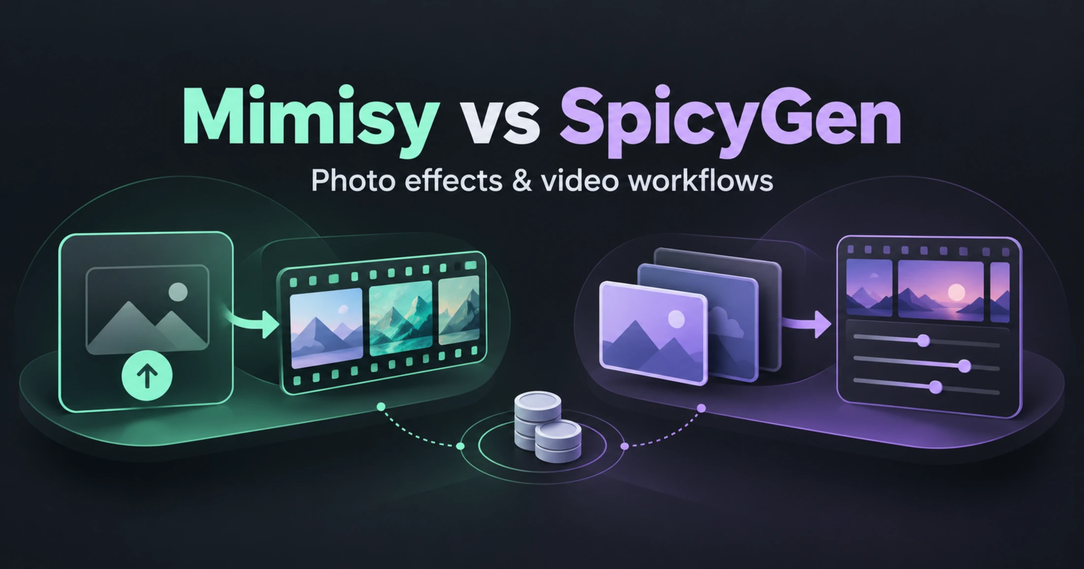 Editorial comparison cover for Mimisy and SpicyGen, with a mint upload-to-filmstrip workflow on the left, lilac library and video-setting cards on the right, and a small credit-token motif between them.